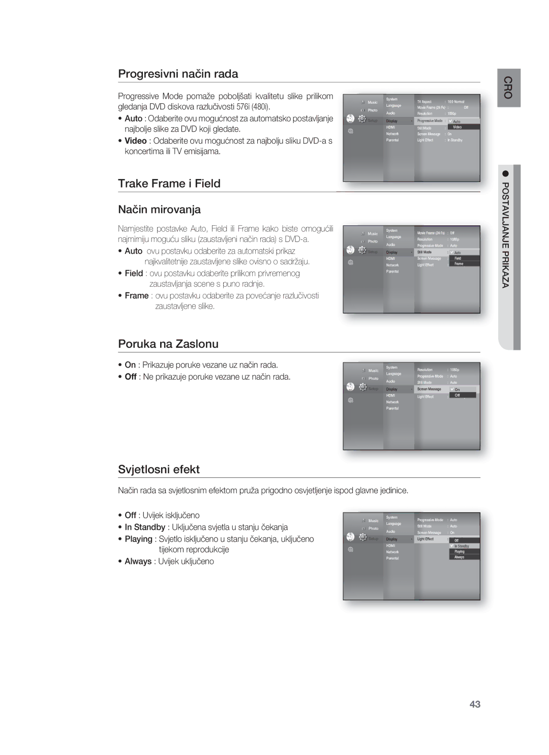 Samsung HT-BD8200T/EDC manual Progresivni način rada, Trake Frame i Field, Poruka na Zaslonu, Svjetlosni efekt 