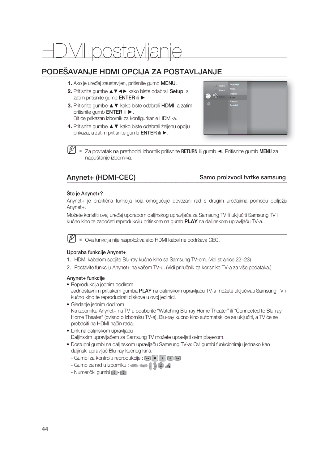 Samsung HT-BD8200T/EDC manual Hdmi postavljanje, Podešavanje Hdmi Opcija ZA Postavljanje, Anynet+ HDMI-CEC 