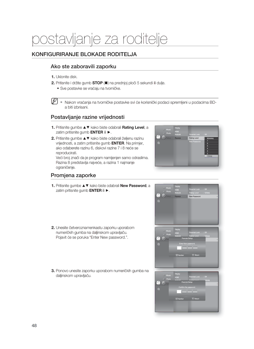 Samsung HT-BD8200T/EDC manual Ako ste zaboravili zaporku, Postavljanje razine vrijednosti, Promjena zaporke 