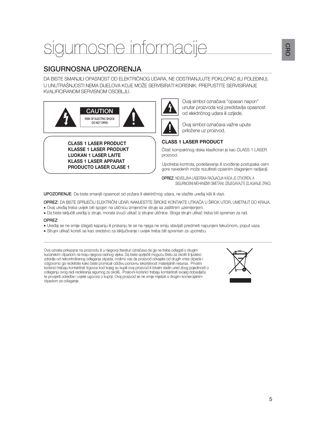 Samsung HT-BD8200T/EDC manual Sigurnosne informacije, Sigurnosna Upozorenja, Od električnog udara ili ozljede 