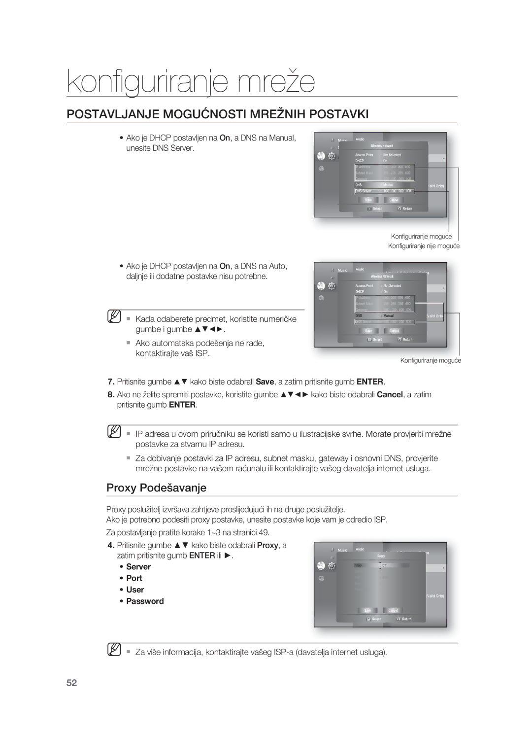 Samsung HT-BD8200T/EDC Proxy Podešavanje, Ako je Dhcp postavljen na On, a DNS na Auto, Ako automatska podešenja ne rade 