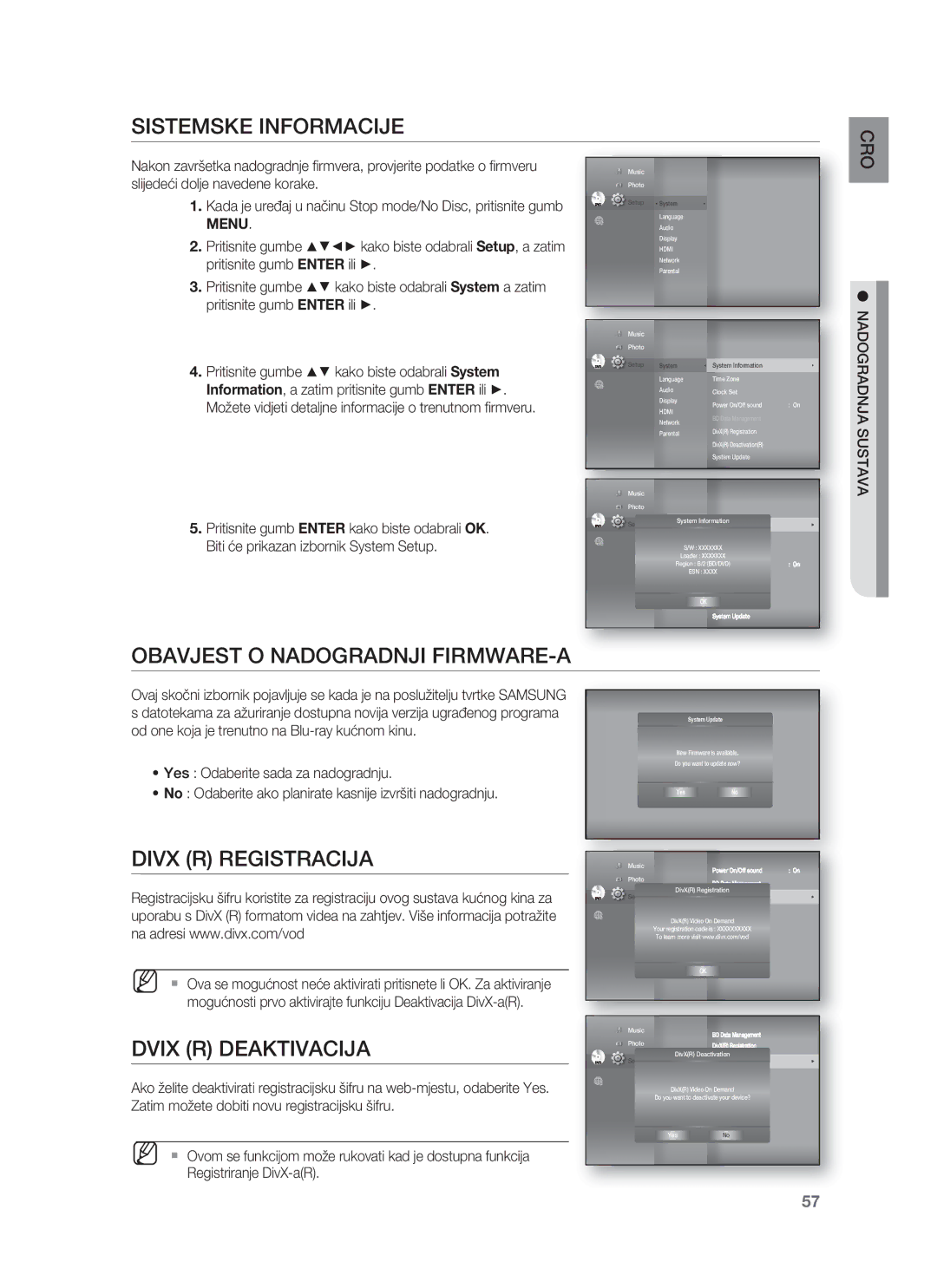 Samsung HT-BD8200T/EDC Sistemske Informacije, Obavjest O Nadogradnji FIRMWARE-A, Divx R Registracija, Dvix R Deaktivacija 