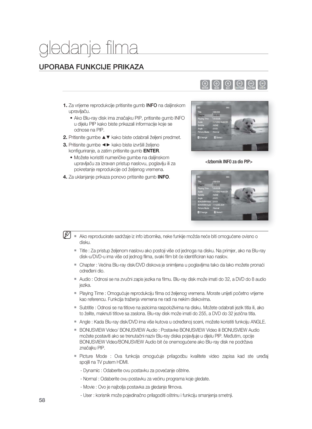 Samsung HT-BD8200T/EDC manual Gledanje ﬁlma, Uporaba Funkcije Prikaza, Za uklanjanje prikaza ponovo pritisnite gumb Info 