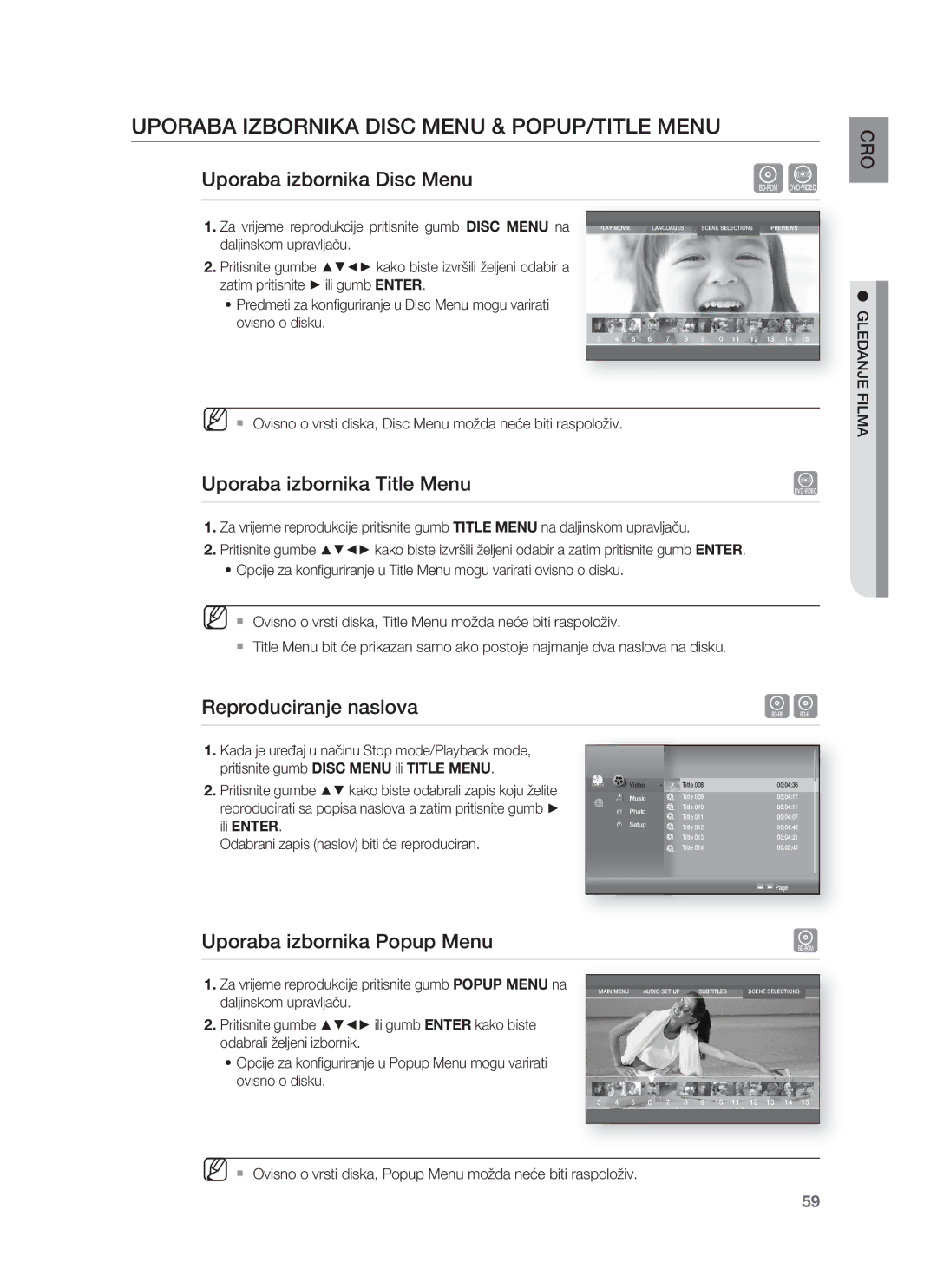 Samsung HT-BD8200T/EDC Uporaba Izbornika Disc Menu & POPUP/TITLE Menu, Uporaba izbornika Disc Menu, Reproduciranje naslova 