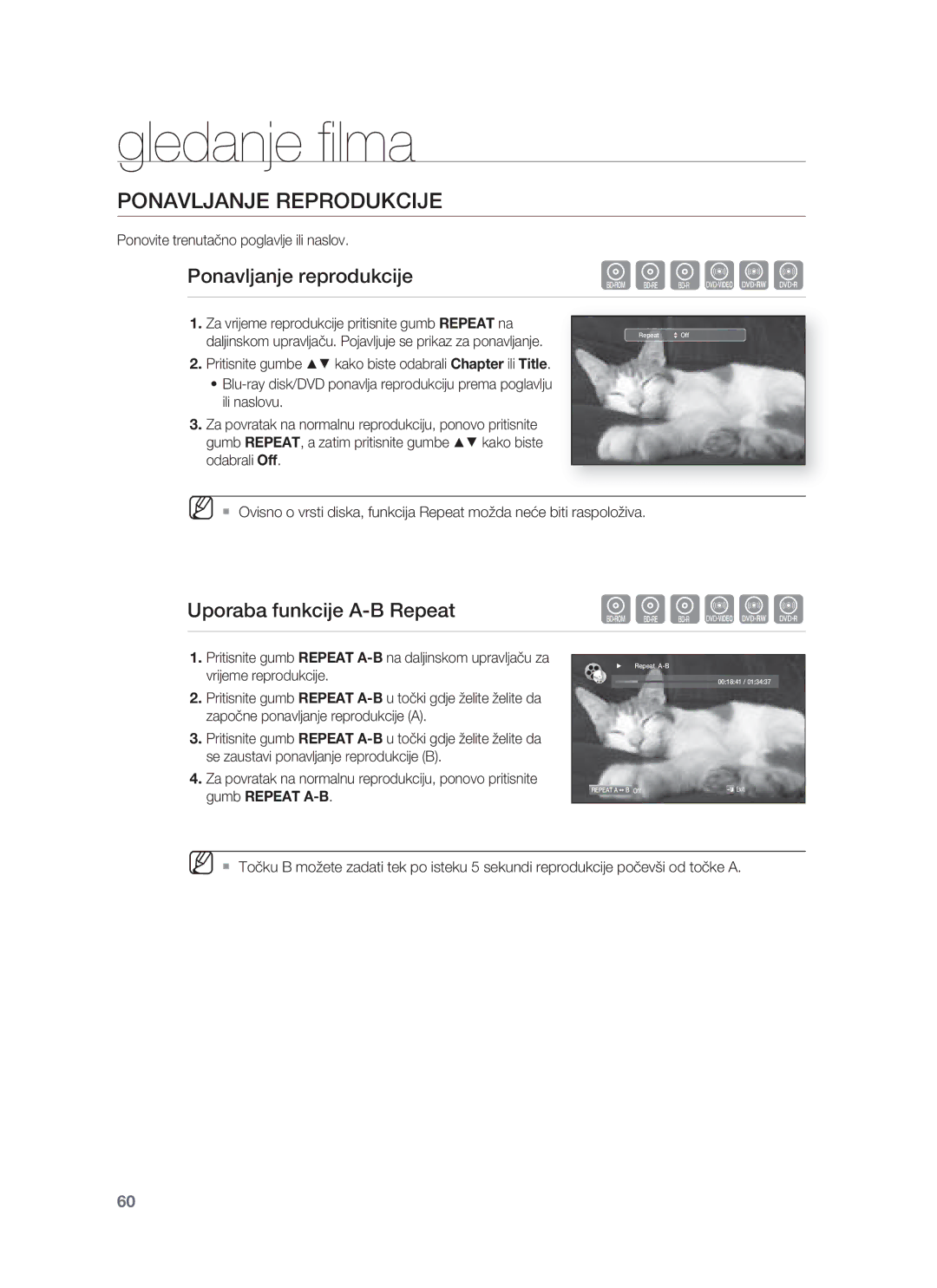 Samsung HT-BD8200T/EDC manual Ponavljanje Reprodukcije, Ponavljanje reprodukcije, Uporaba funkcije A-B Repeat 