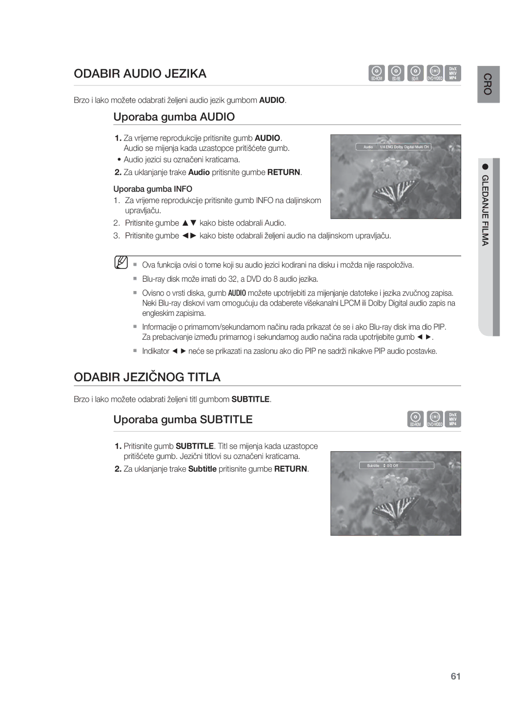 Samsung HT-BD8200T/EDC manual Odabir Audio Jezika, Odabir Jezičnog Titla, Uporaba gumba Audio, Uporaba gumba Subtitle 