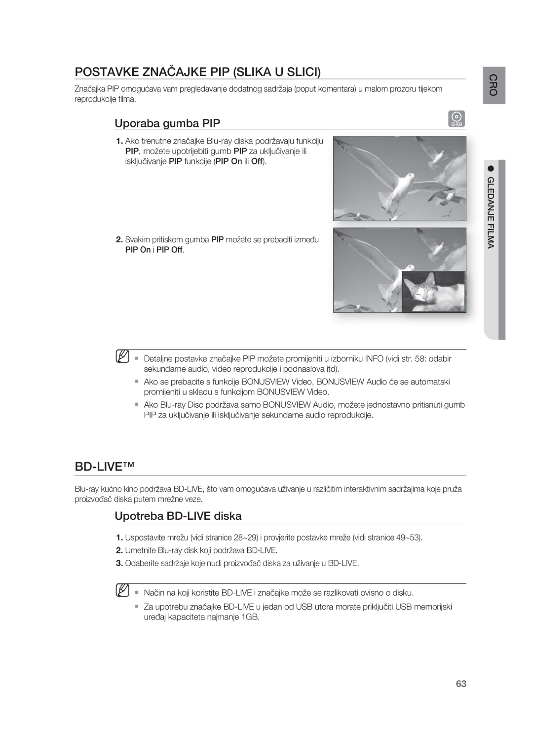 Samsung HT-BD8200T/EDC manual Postavke Značajke PIP Slika U Slici, Bd-Live, Uporaba gumba PIP, Upotreba BD-LIVE diska 