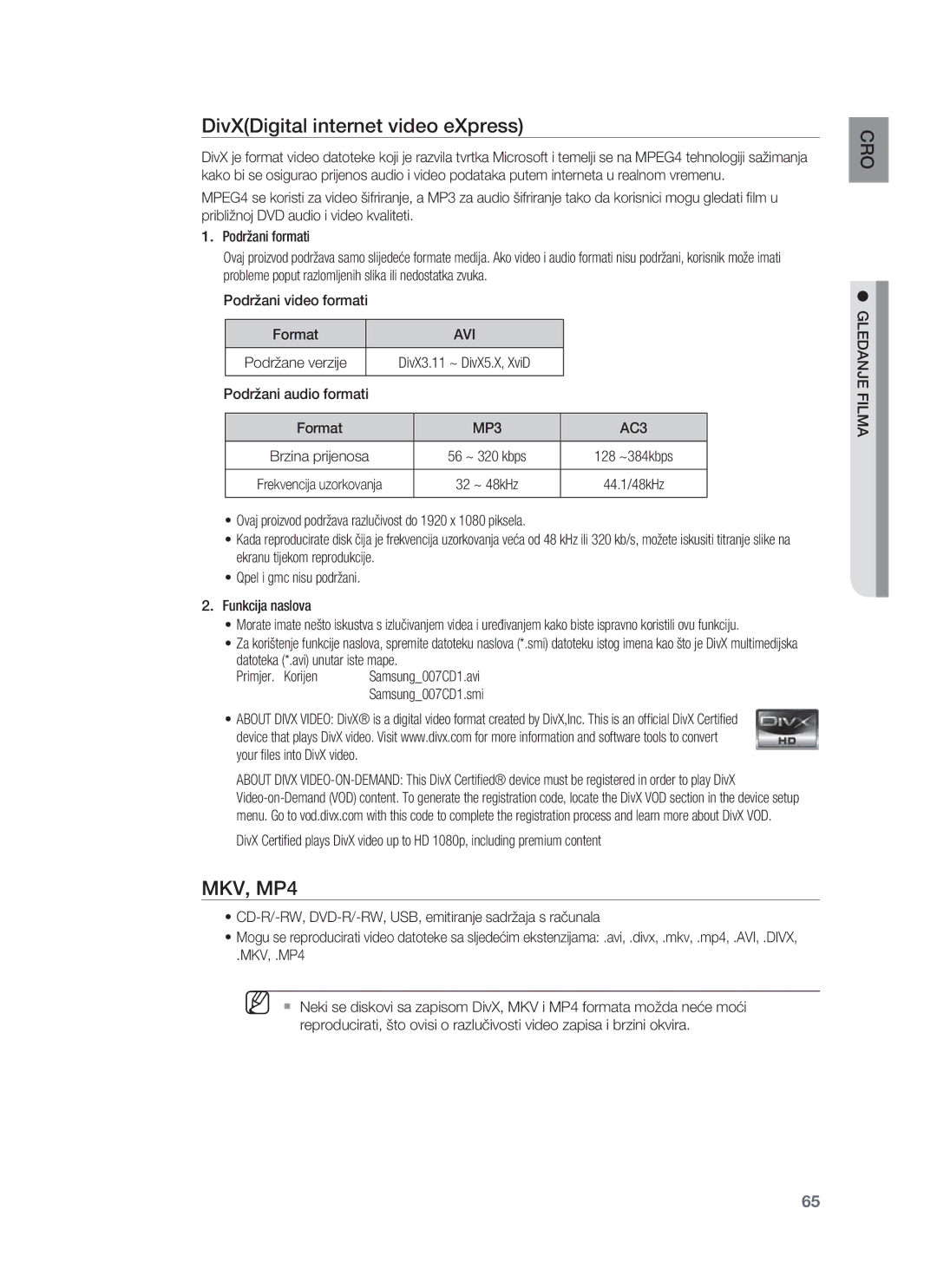 Samsung HT-BD8200T/EDC manual DivXDigital internet video eXpress, MP3 AC3 