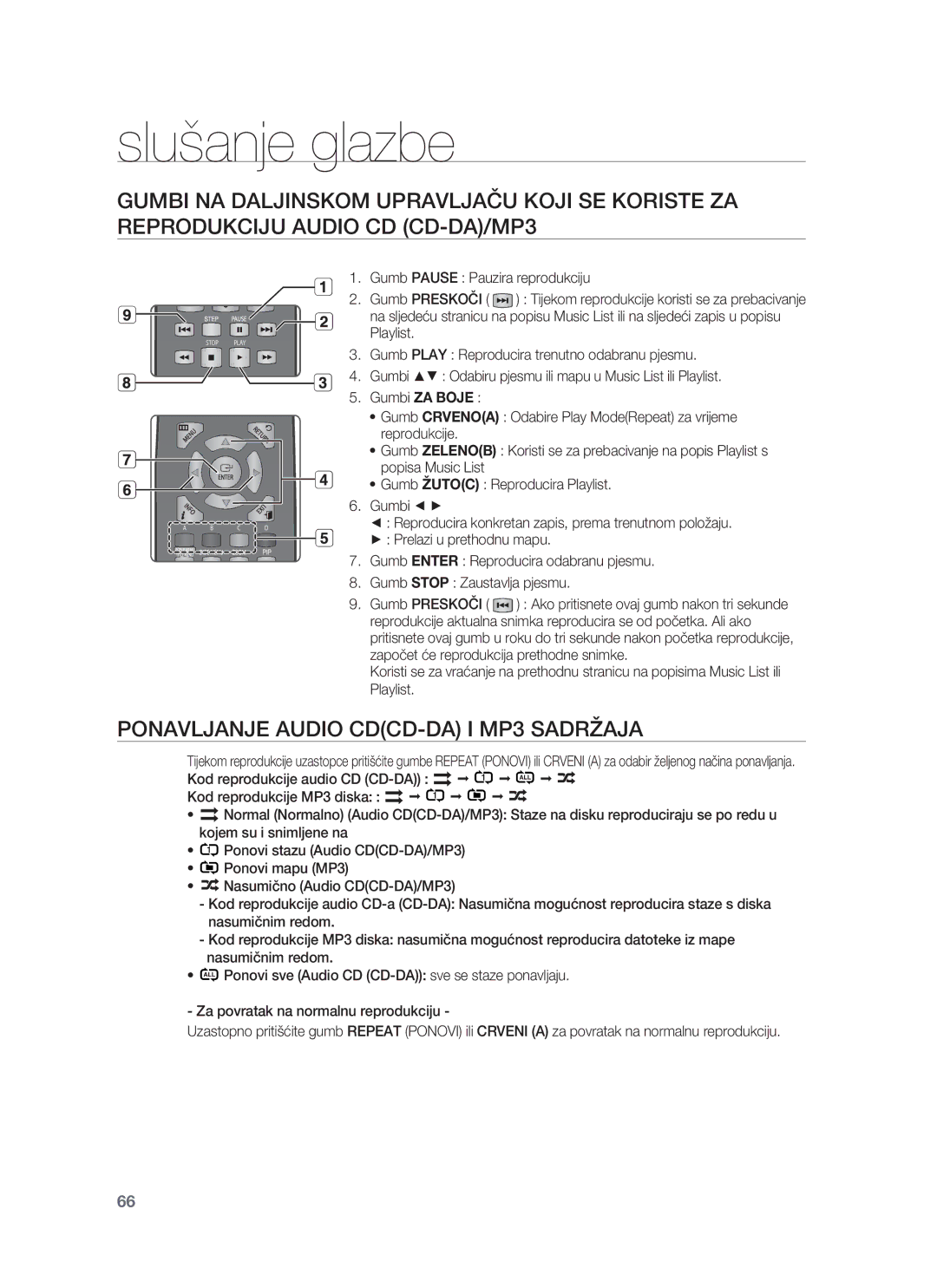 Samsung HT-BD8200T/EDC manual Slušanje glazbe, Ponavljanje Audio CDCD-DA I MP3 Sadržaja 