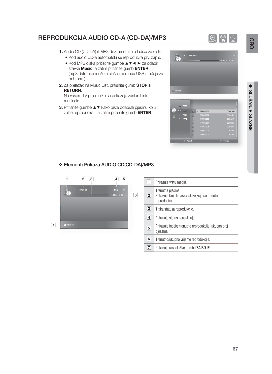 Samsung HT-BD8200T/EDC manual Reprodukcija Audio CD-A CD-DA/MP3, Elementi Prikaza Audio CDCD-DA/MP3, Slušanje Glazbe 