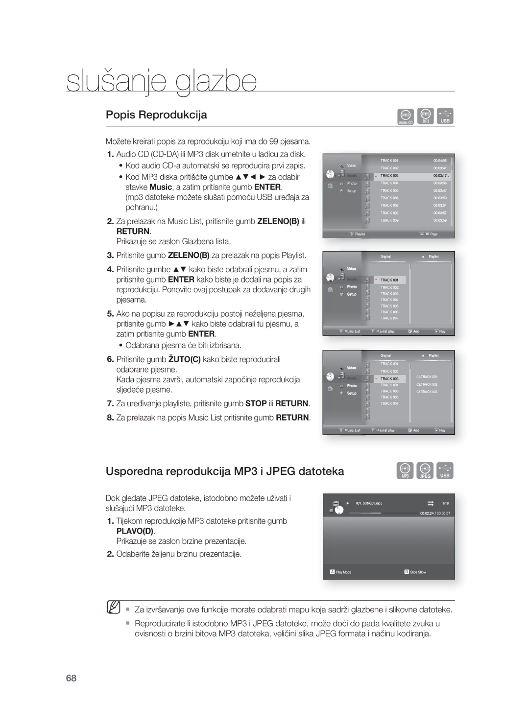 Samsung HT-BD8200T/EDC Popis Reprodukcija, Usporedna reprodukcija MP3 i Jpeg datoteka, Prikazuje se zaslon Glazbena lista 