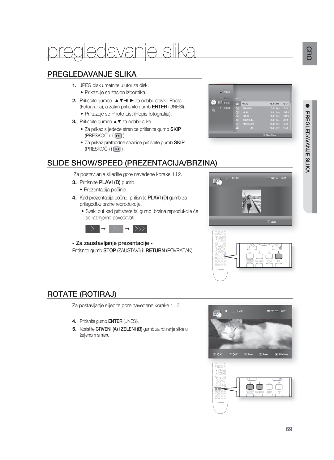 Samsung HT-BD8200T/EDC Pregledavanje slika, Pregledavanje Slika, Slide SHOW/SPEED PREZENTACIJA/BRZINA, Rotate Rotiraj 