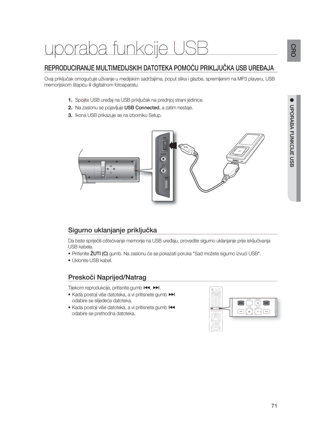 Samsung HT-BD8200T/EDC manual Uporaba funkcije USB, Sigurno uklanjanje priključka, Uporaba Funkcije USB 