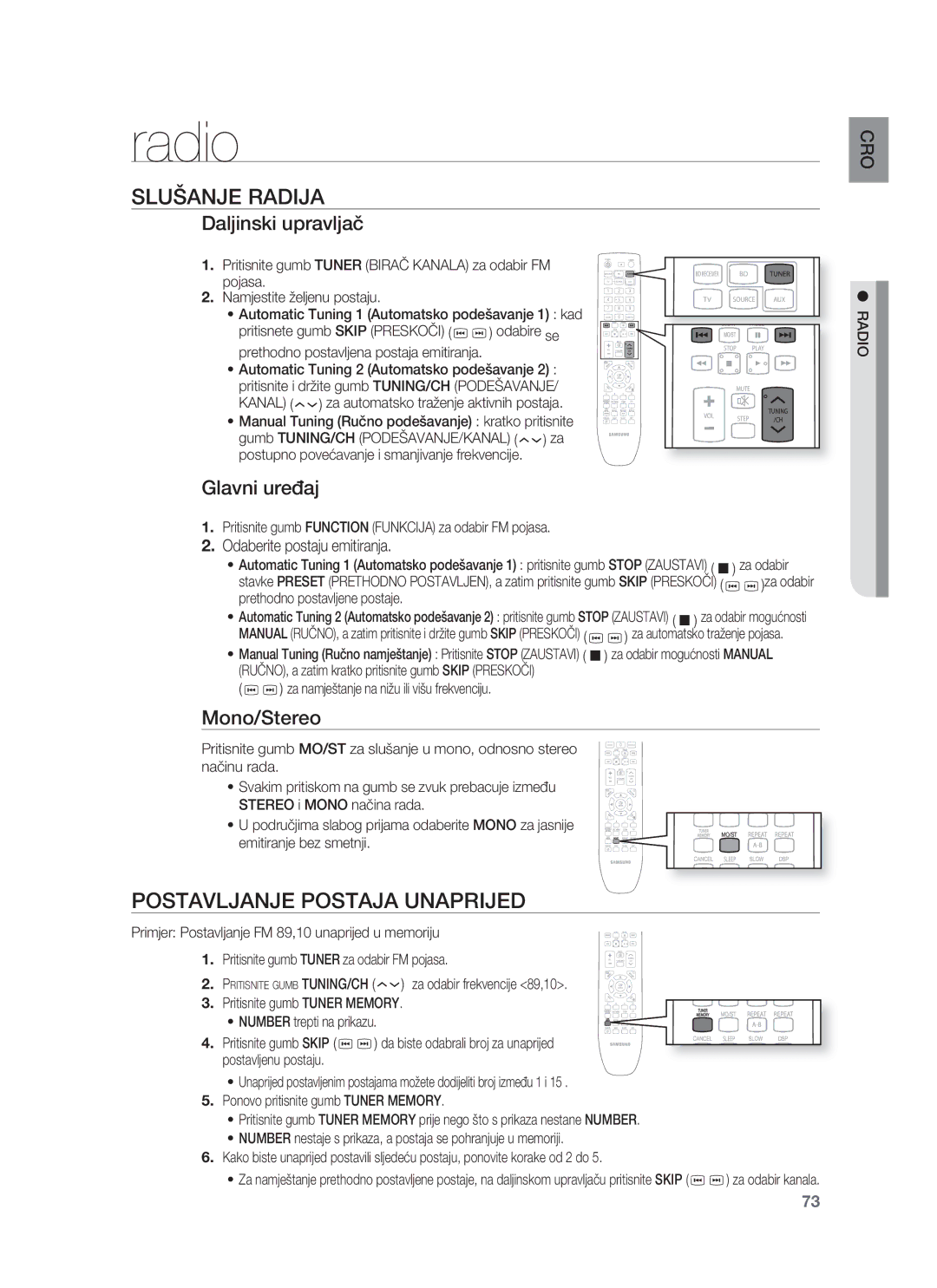 Samsung HT-BD8200T/EDC manual Radio, Slušanje Radija, Postavljanje Postaja Unaprijed 