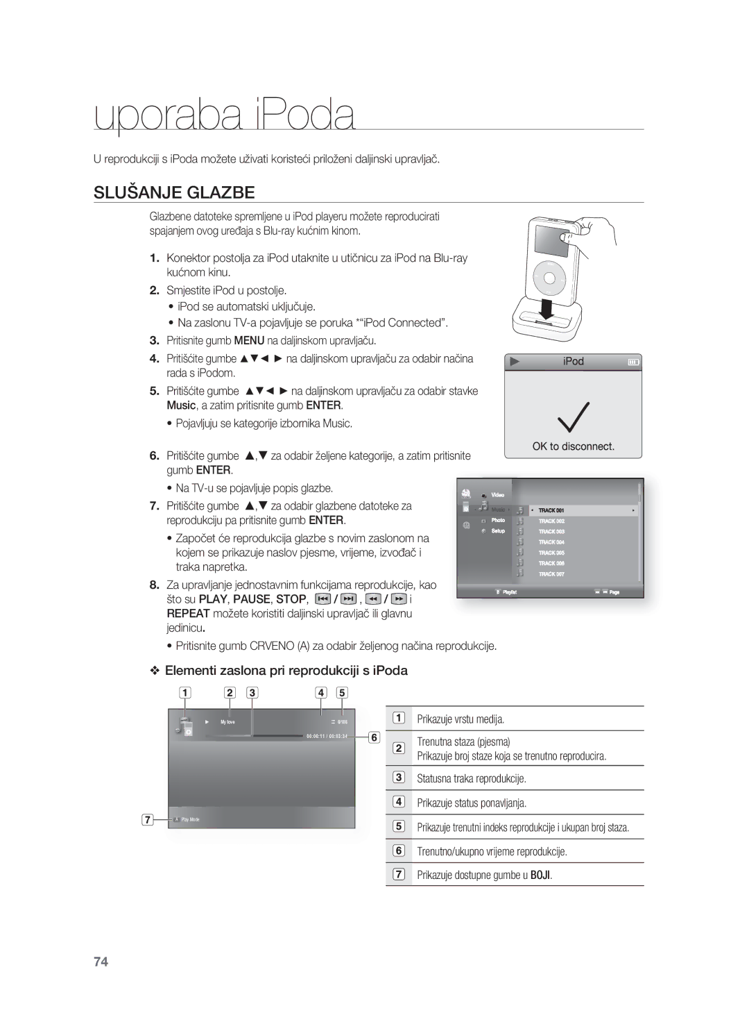 Samsung HT-BD8200T/EDC manual Uporaba iPoda, Slušanje Glazbe, Elementi zaslona pri reprodukciji s iPoda 