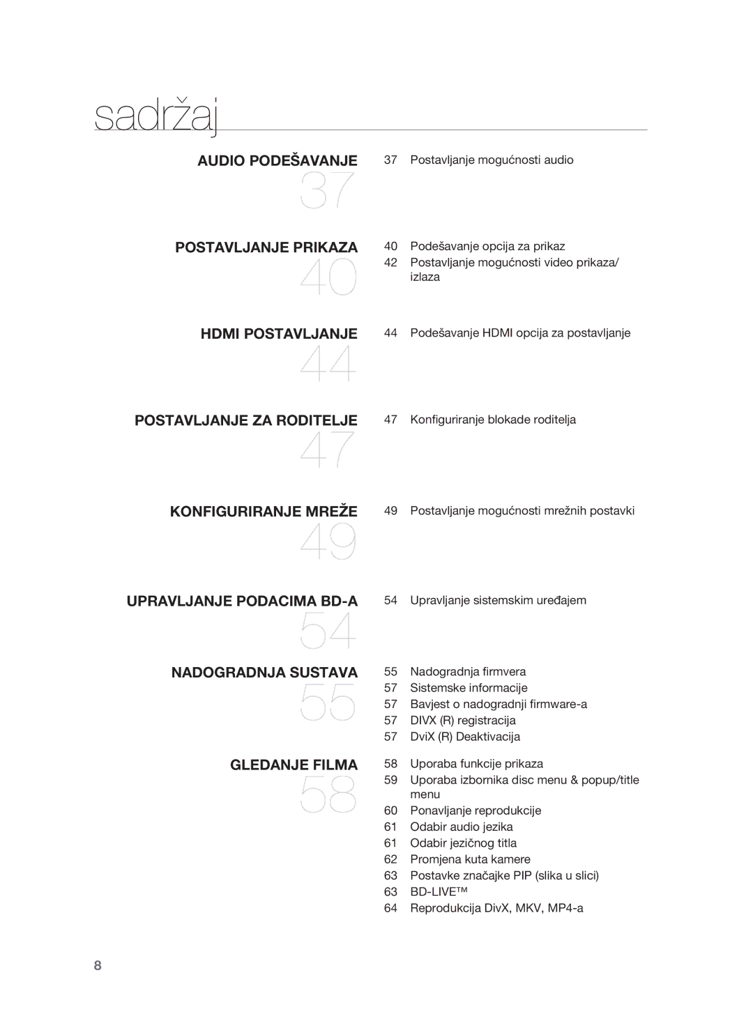 Samsung HT-BD8200T/EDC manual Audio Podešavanje 37 Postavljanje mogućnosti audio, Reprodukcija DivX, MKV, MP4-a 