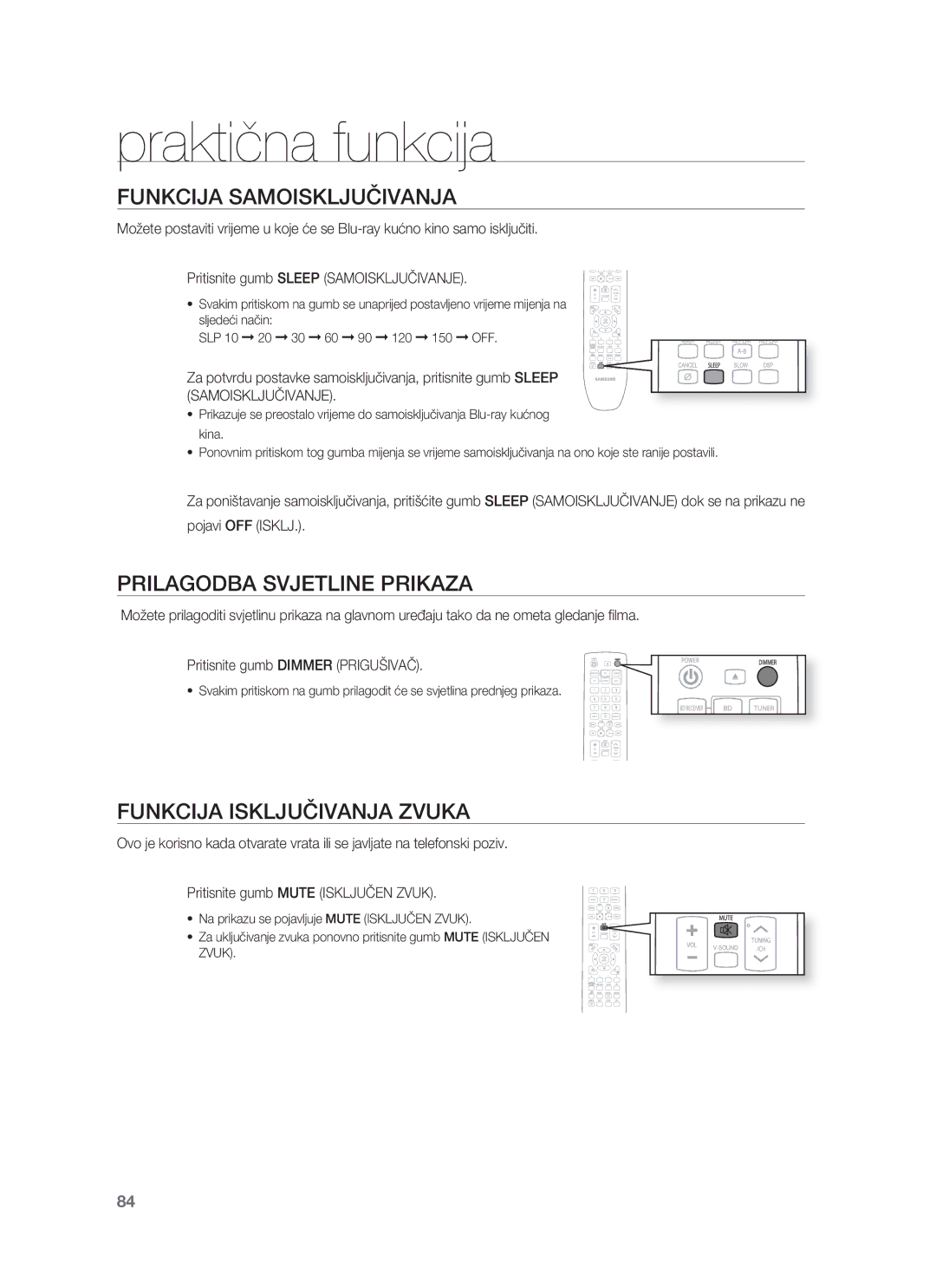 Samsung HT-BD8200T/EDC manual Praktična funkcija, Funkcija Samoisključivanja, Prilagodba Svjetline Prikaza 