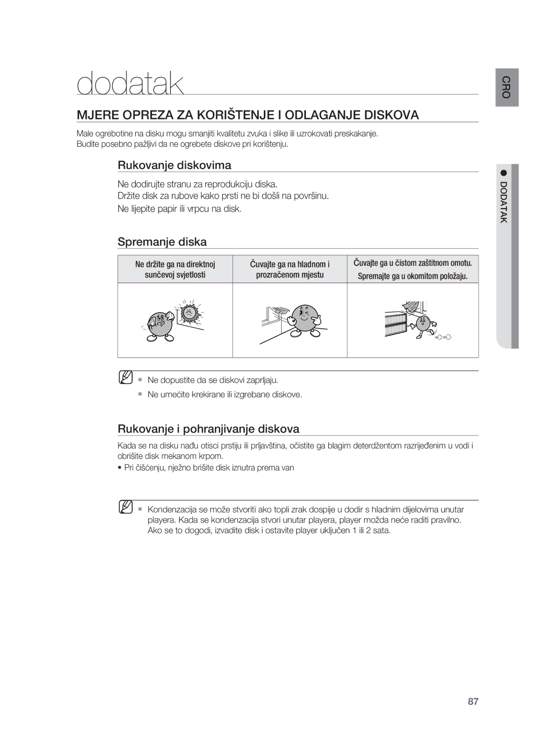 Samsung HT-BD8200T/EDC manual Dodatak, Mjere Opreza ZA Korištenje I Odlaganje Diskova, Rukovanje diskovima, Spremanje diska 