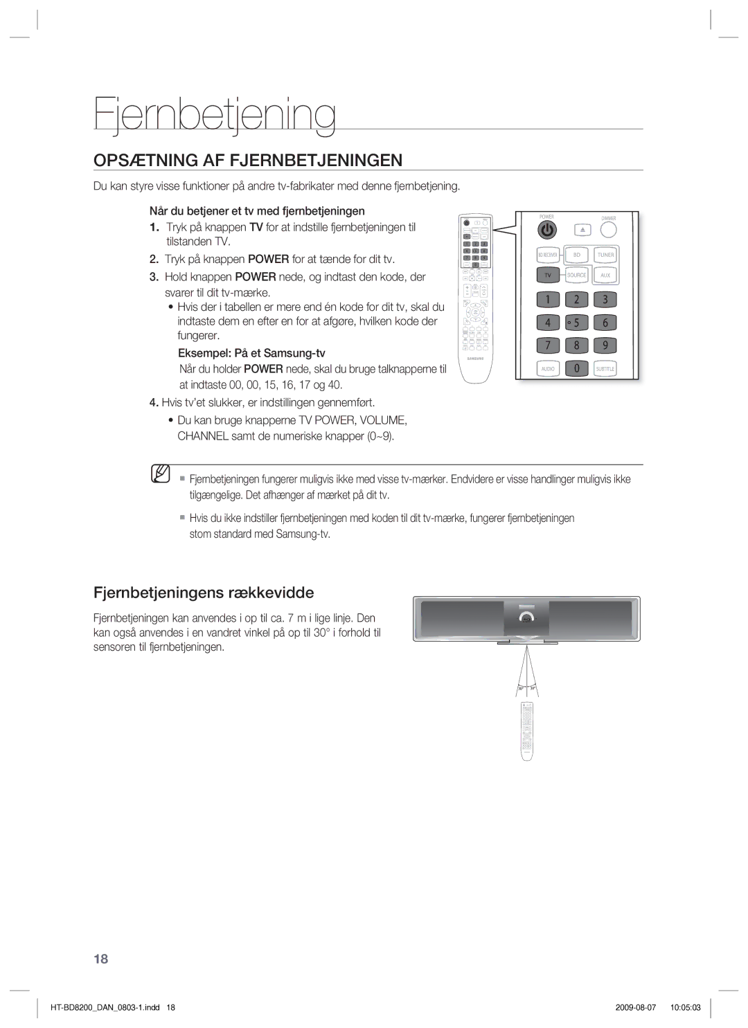 Samsung HT-BD8200T/XEE manual Opsætning AF Fjernbetjeningen, Fjernbetjeningens rækkevidde 