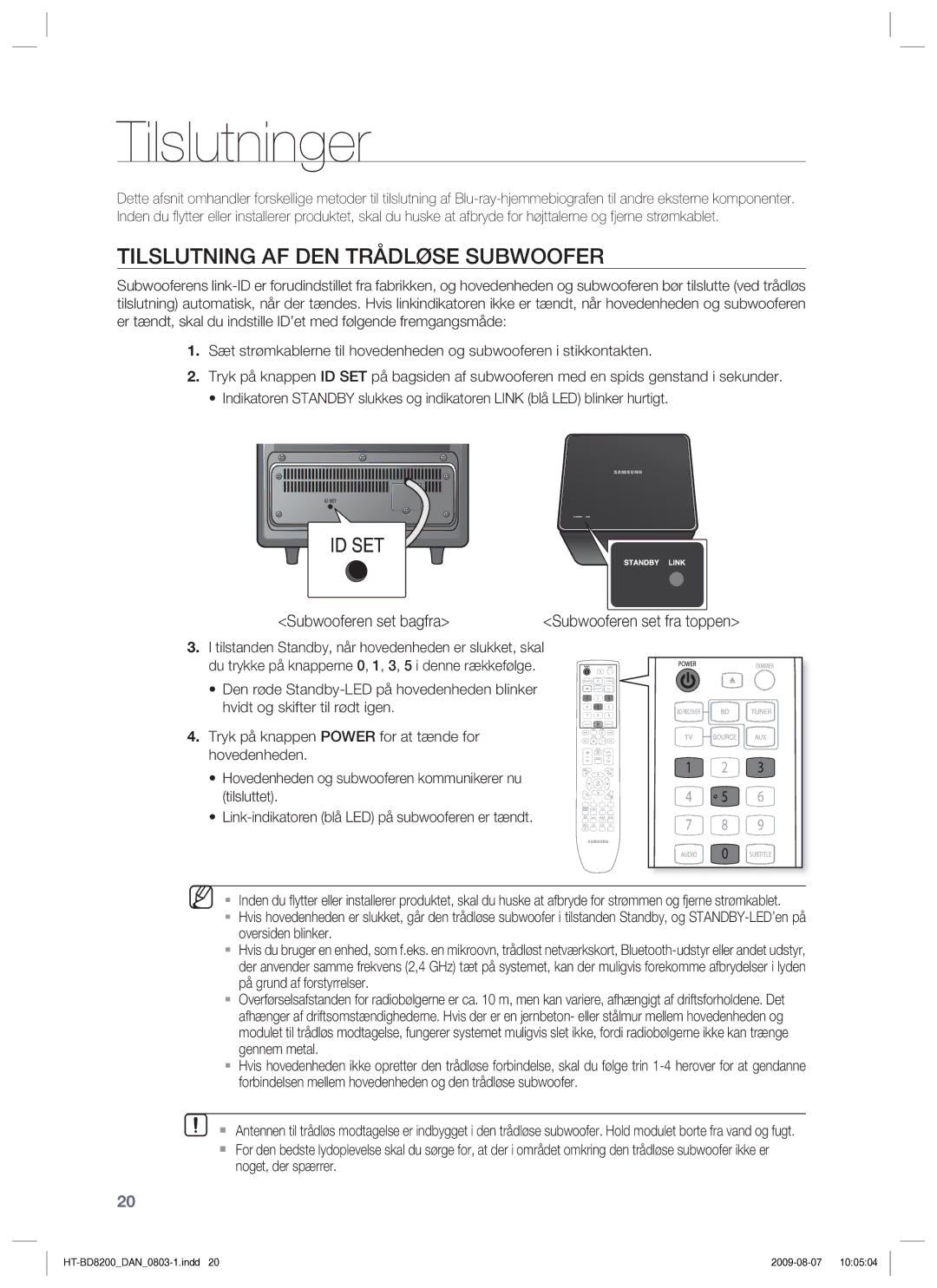 Samsung HT-BD8200T/XEE manual Tilslutninger, Tilslutning AF DEN Trådløse Subwoofer, Subwooferen set bagfra 