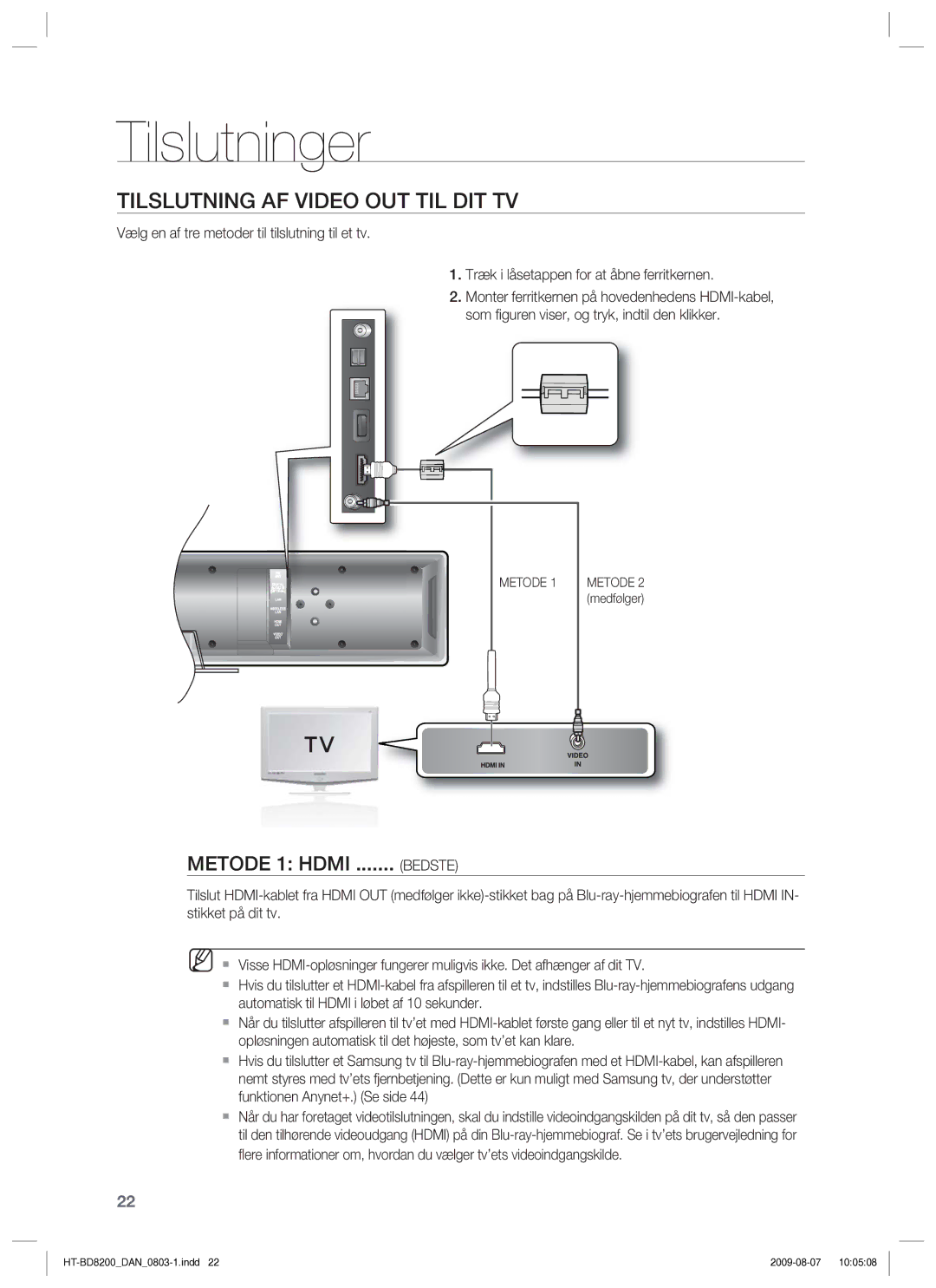 Samsung HT-BD8200T/XEE manual Tilslutning AF Video OUT TIL DIT TV, Bedste 