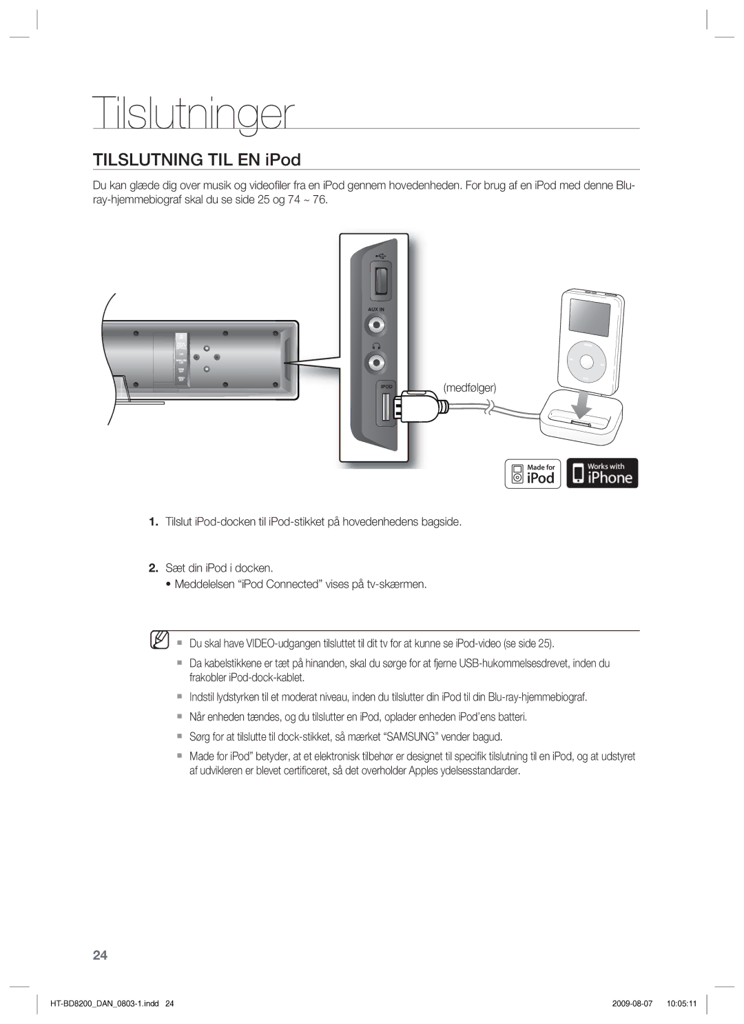 Samsung HT-BD8200T/XEE manual Tilslutning TIL EN iPod 