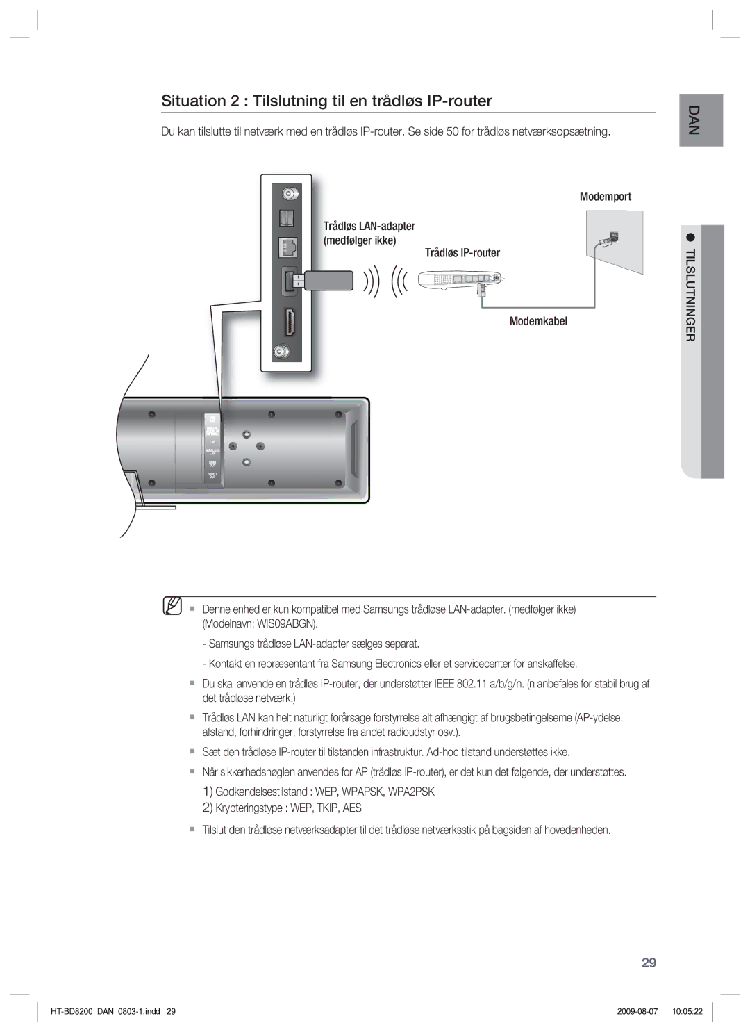 Samsung HT-BD8200T/XEE manual Situation 2 Tilslutning til en trådløs IP-router, Tilslutninger 