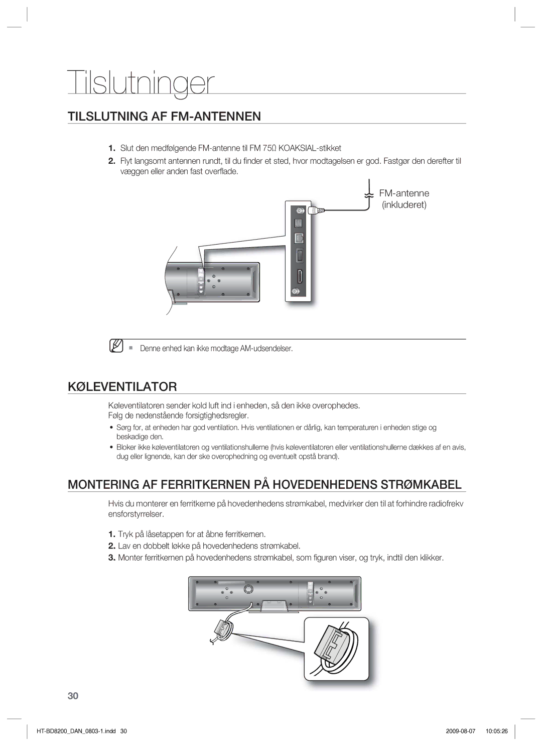 Samsung HT-BD8200T/XEE Tilslutning AF FM-ANTENNEN, Køleventilator, Montering AF Ferritkernen PÅ Hovedenhedens Strømkabel 