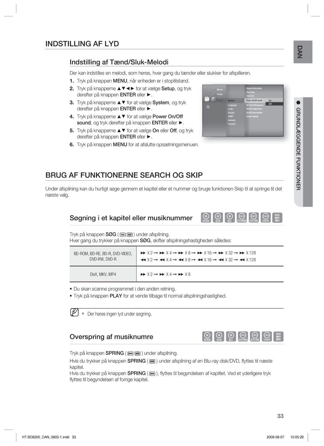 Samsung HT-BD8200T/XEE manual Indstilling AF LYD, Brug AF Funktionerne Search OG Skip, Indstilling af Tænd/Sluk-Melodi 