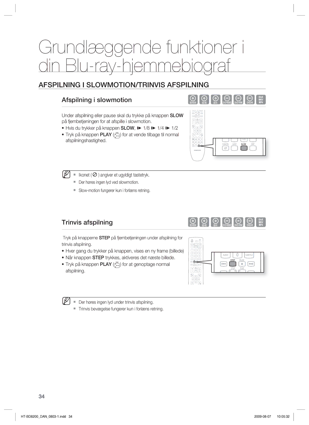 Samsung HT-BD8200T/XEE manual Afspilning I SLOWMOTION/TRINVIS Afspilning, Afspilning i slowmotion, Trinvis afspilning 