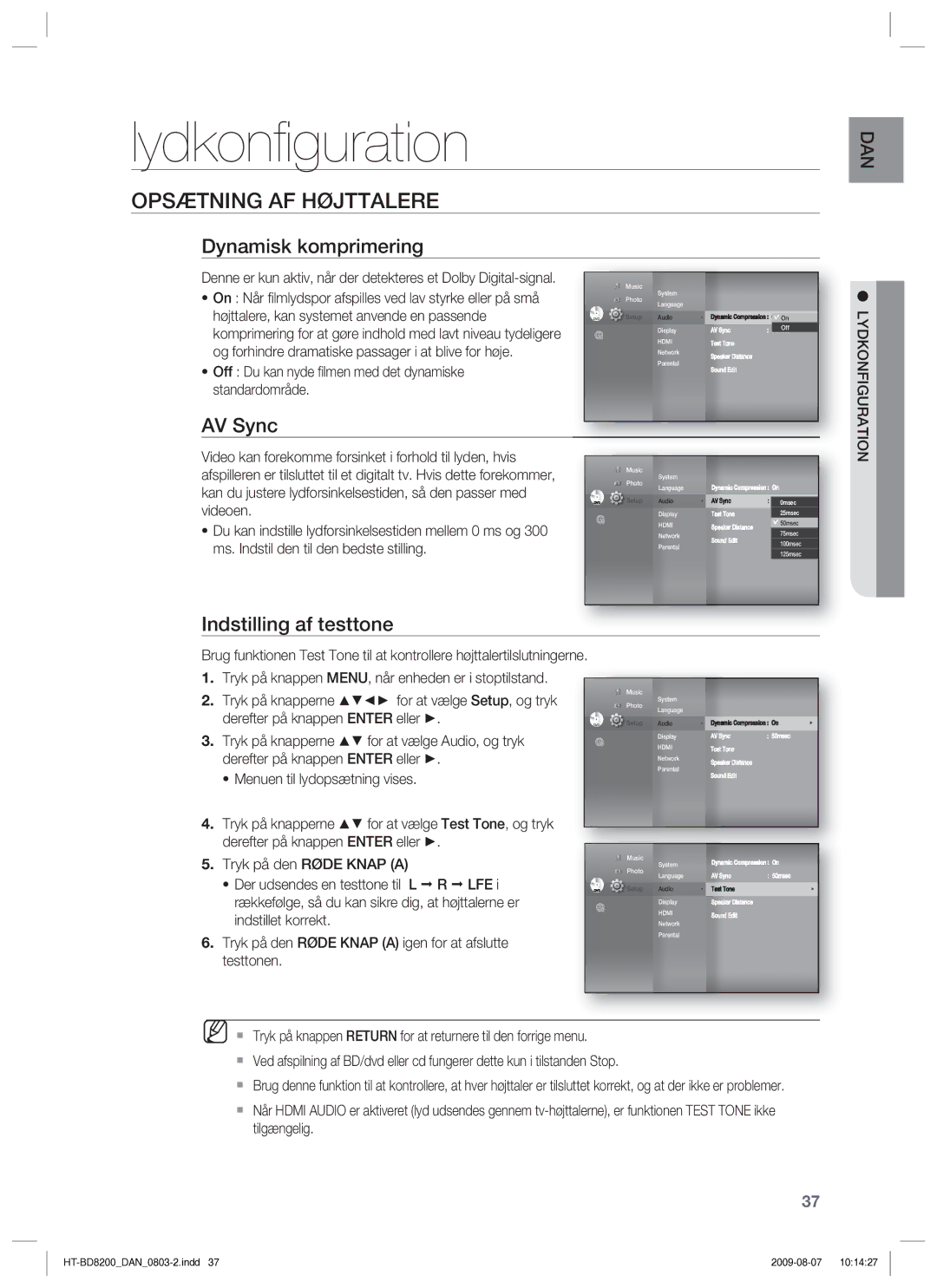 Samsung HT-BD8200T/XEE Lydkonﬁguration, Opsætning AF Højttalere, Dynamisk komprimering, AV Sync, Indstilling af testtone 