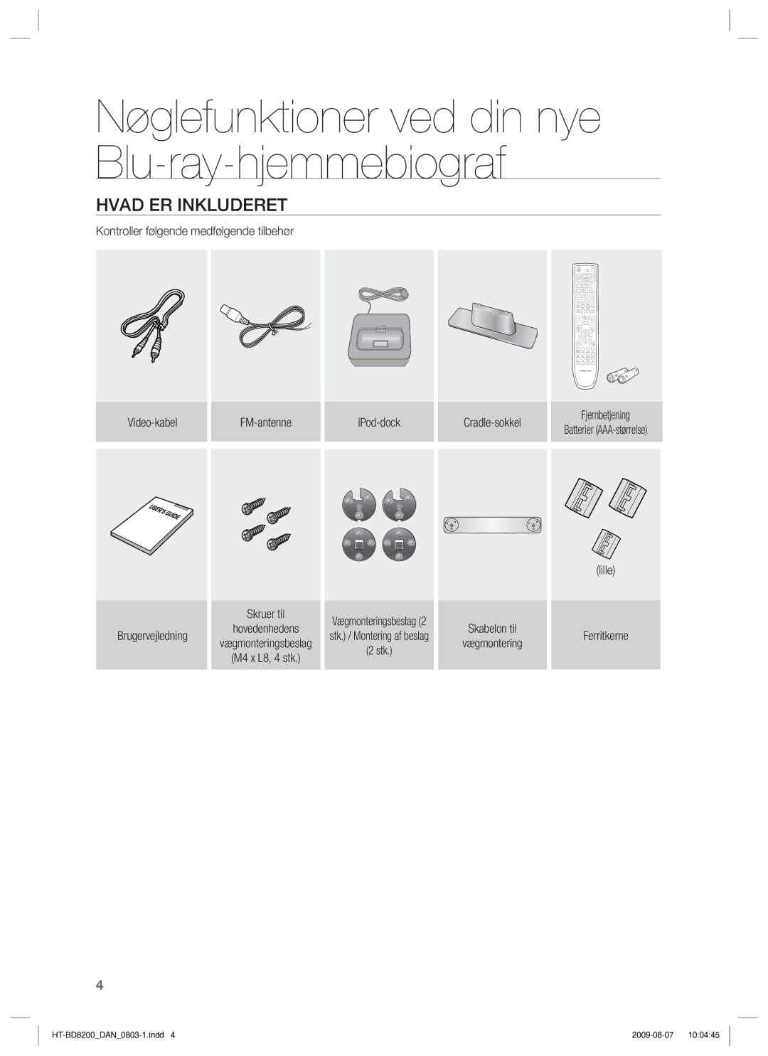 Samsung HT-BD8200T/XEE manual Hvad ER Inkluderet, M4 x L8, 4 stk IPod-dock, Vægmonteringsbeslag 