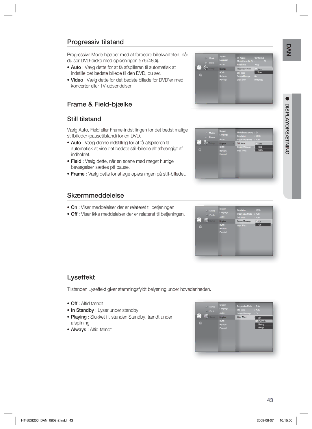 Samsung HT-BD8200T/XEE manual Progressiv tilstand, Frame & Field-bjælke, Skærmmeddelelse, Lyseffekt 