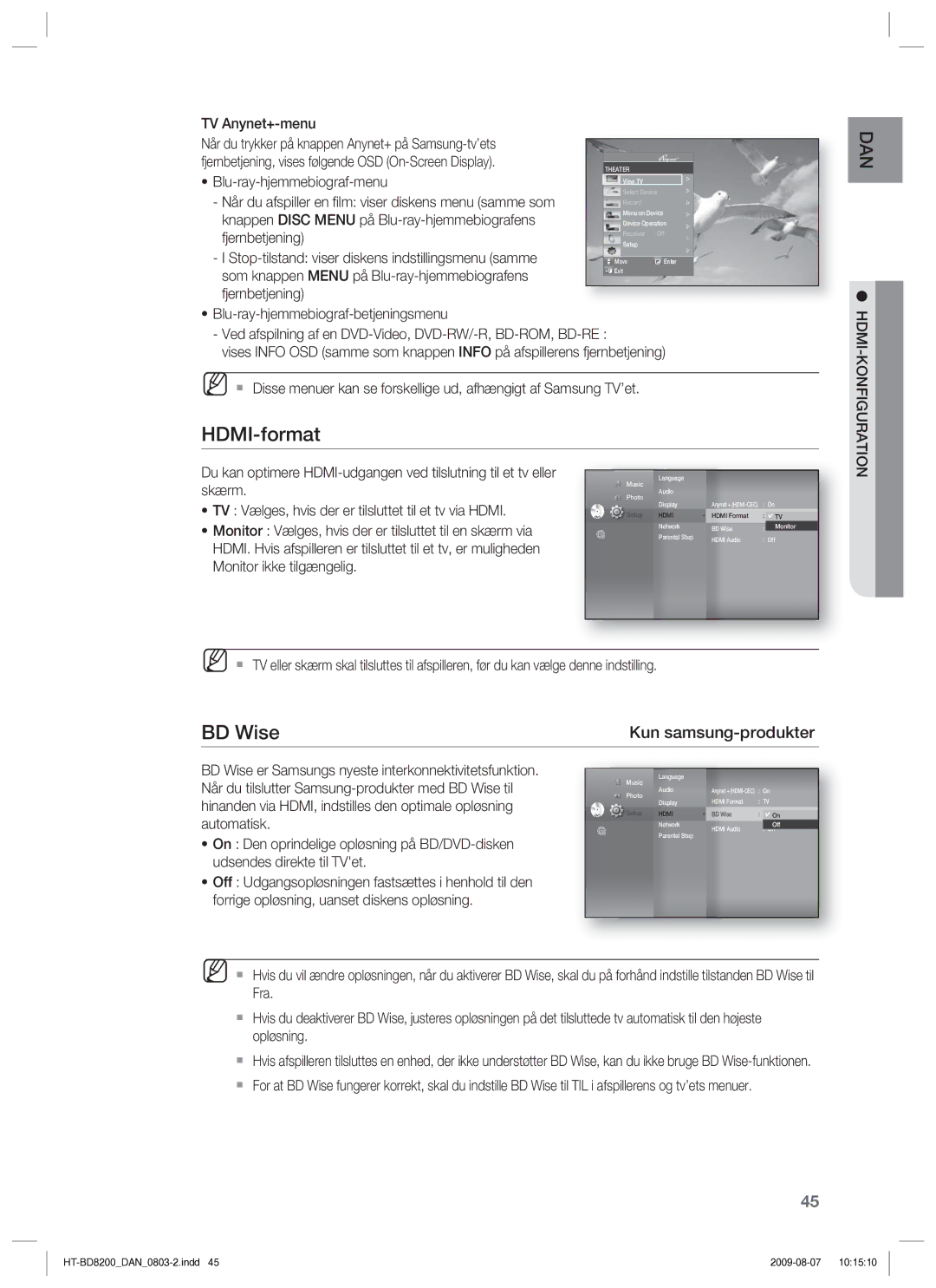 Samsung HT-BD8200T/XEE manual HDMI-format, BD Wise, Hdmi-Konfiguration 