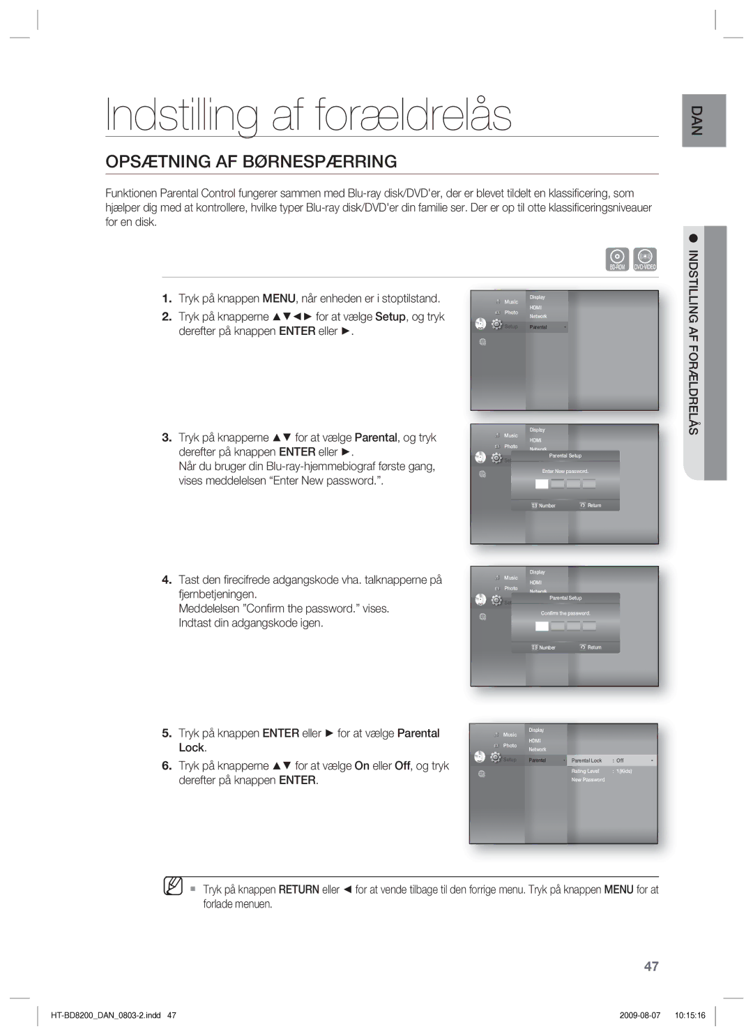 Samsung HT-BD8200T/XEE manual Indstilling af forældrelås, Opsætning AF Børnespærring, Indstilling AF Forældrelås 