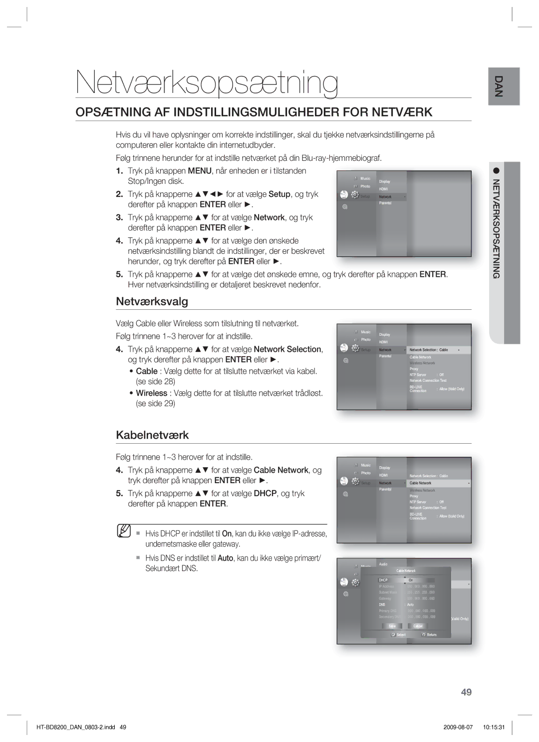 Samsung HT-BD8200T/XEE Netværksopsætning, Opsætning AF Indstillingsmuligheder for Netværk, Netværksvalg, Kabelnetværk 