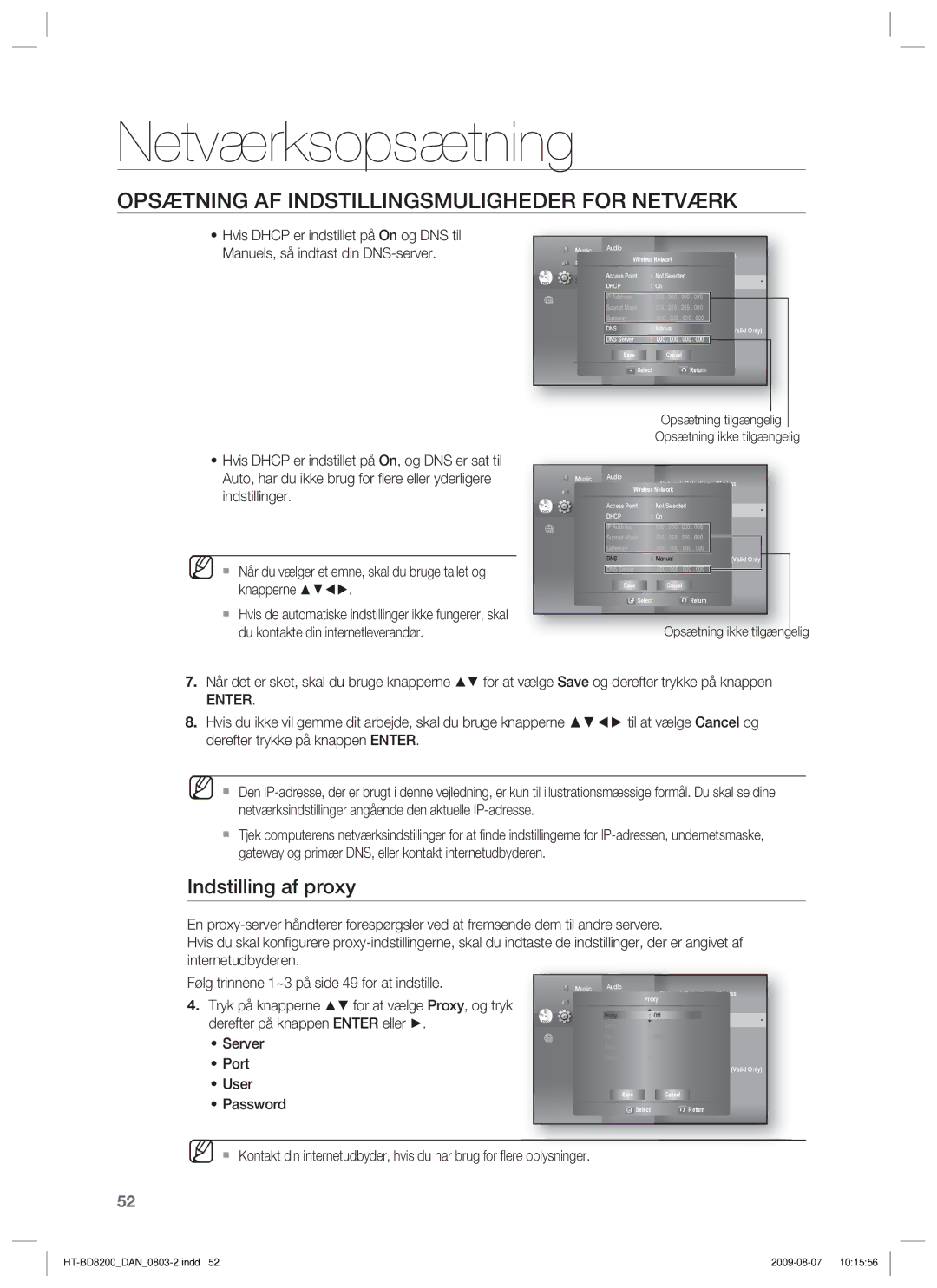 Samsung HT-BD8200T/XEE manual Indstilling af proxy,  Når du vælger et emne, skal du bruge tallet og knapperne, Enter 