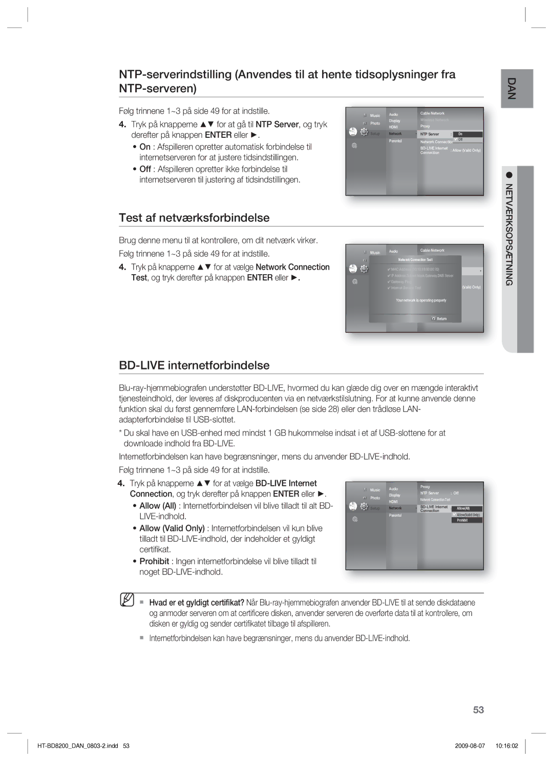 Samsung HT-BD8200T/XEE manual Test af netværksforbindelse, BD-LIVE internetforbindelse 