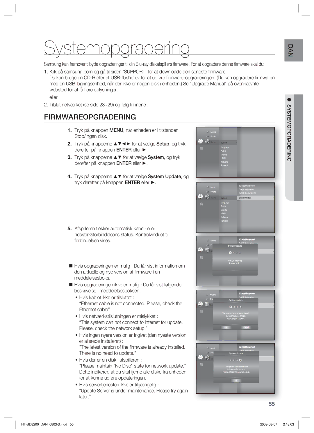 Samsung HT-BD8200T/XEE manual Systemopgradering, Firmwareopgradering 