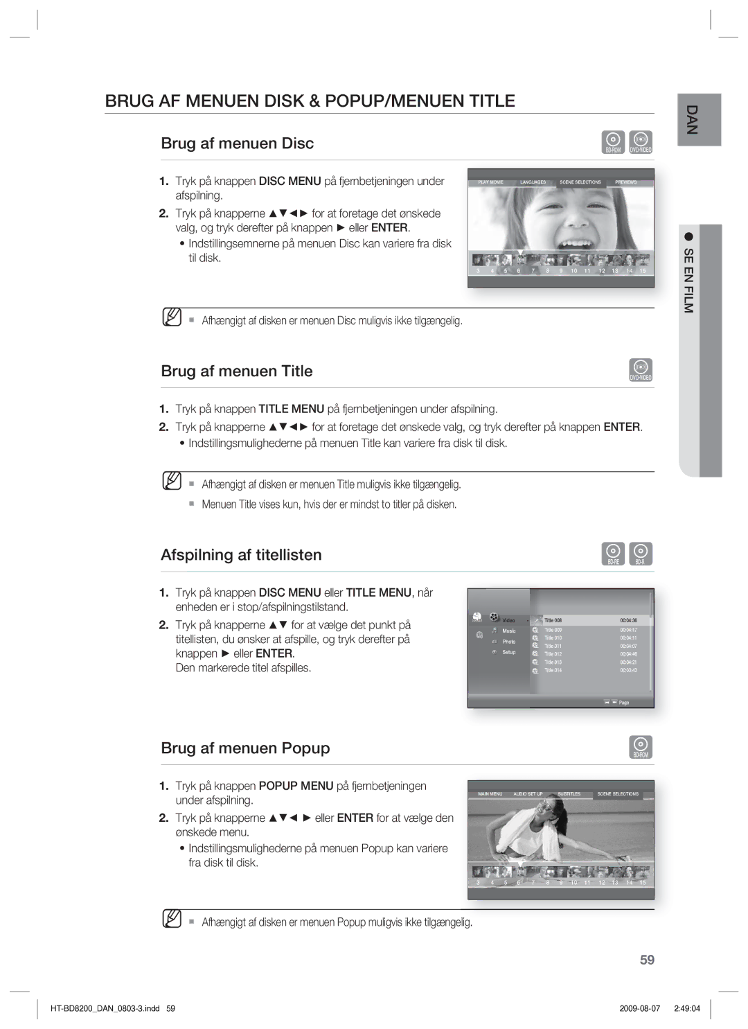 Samsung HT-BD8200T/XEE manual Brug AF Menuen Disk & POPUP/MENUEN Title, Brug af menuen Disc, Brug af menuen Title 