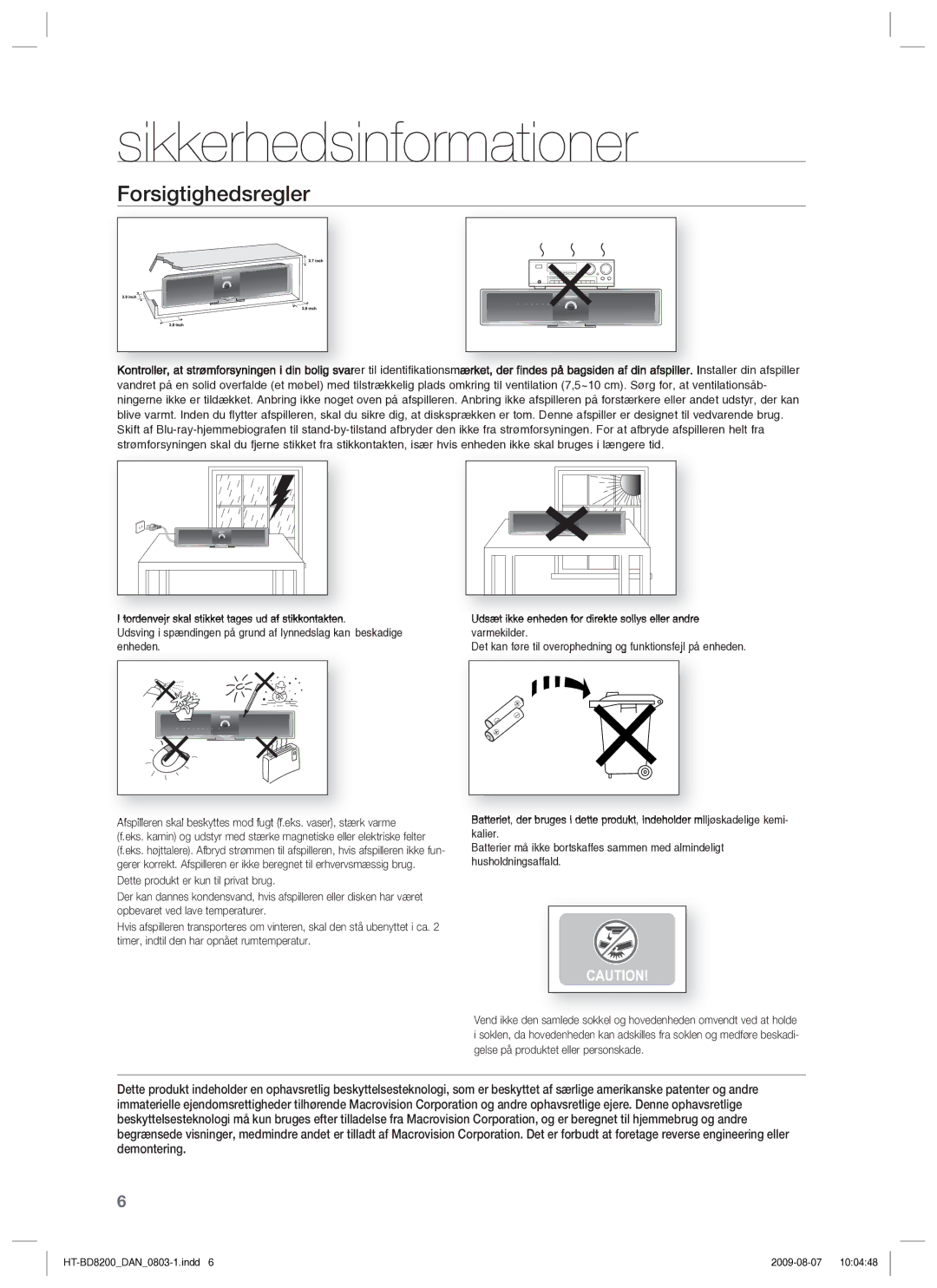 Samsung HT-BD8200T/XEE manual Forsigtighedsregler 