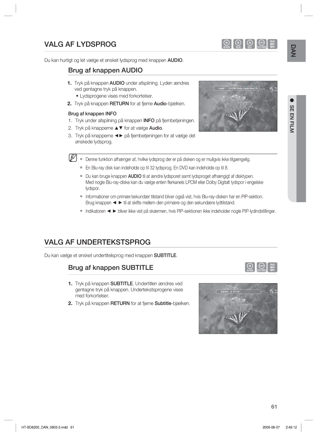 Samsung HT-BD8200T/XEE manual Valg AF Lydsprog, Valg AF Undertekstsprog, Brug af knappen Audio, Brug af knappen Subtitle 