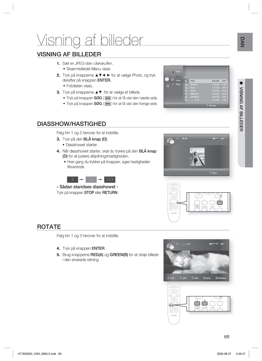 Samsung HT-BD8200T/XEE Visning af billeder, Visning AF Billeder, Diasshow/Hastighed, Rotate, Sådan standses diasshowet 