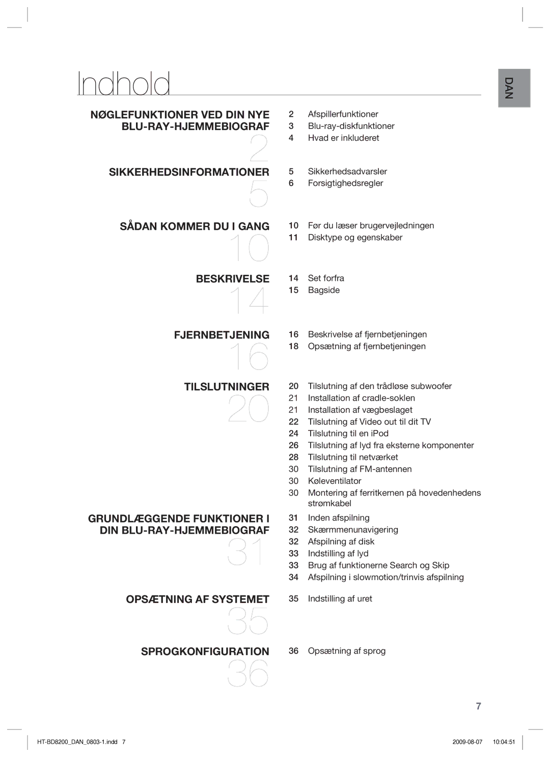 Samsung HT-BD8200T/XEE manual Indhold 