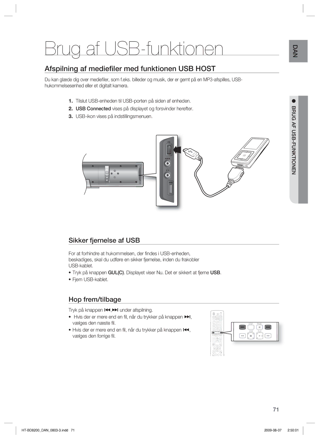 Samsung HT-BD8200T/XEE manual Brug af USB-funktionen, Sikker fjernelse af USB, Hop frem/tilbage 