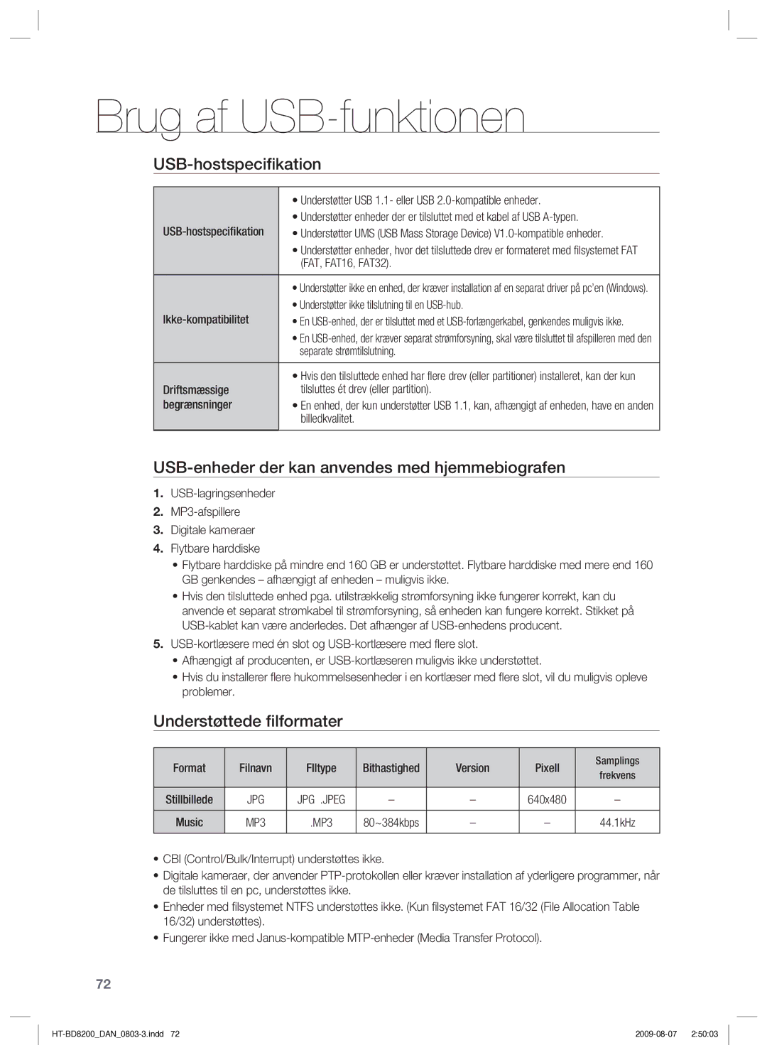 Samsung HT-BD8200T/XEE USB-hostspeciﬁkation, USB-enheder der kan anvendes med hjemmebiografen, Understøttede ﬁlformater 