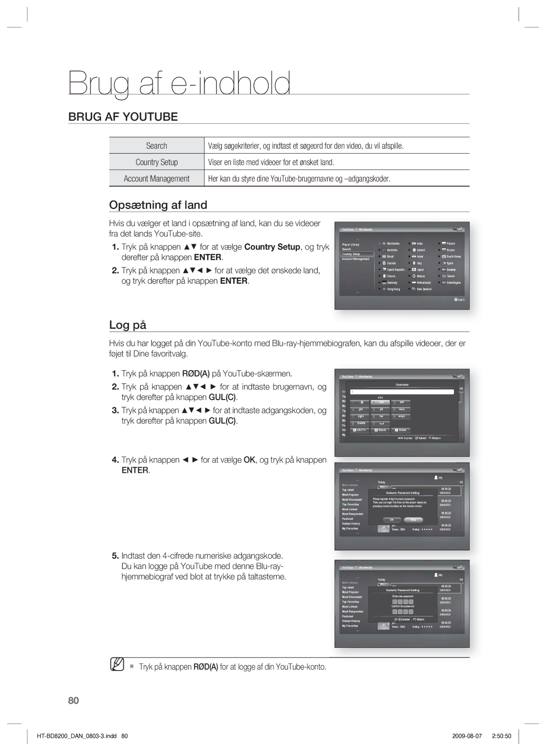 Samsung HT-BD8200T/XEE manual Brug af e-indhold, Opsætning af land, Log på 