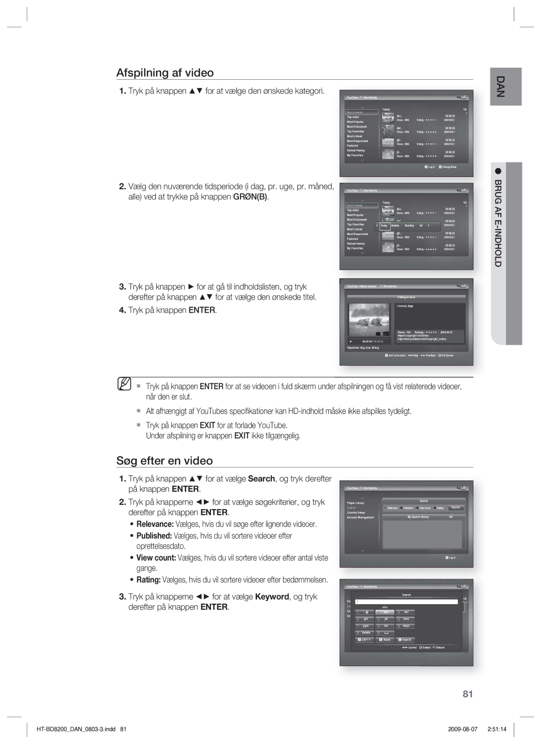 Samsung HT-BD8200T/XEE manual Afspilning af video, Søg efter en video, Tryk på knappen for at vælge den ønskede kategori 