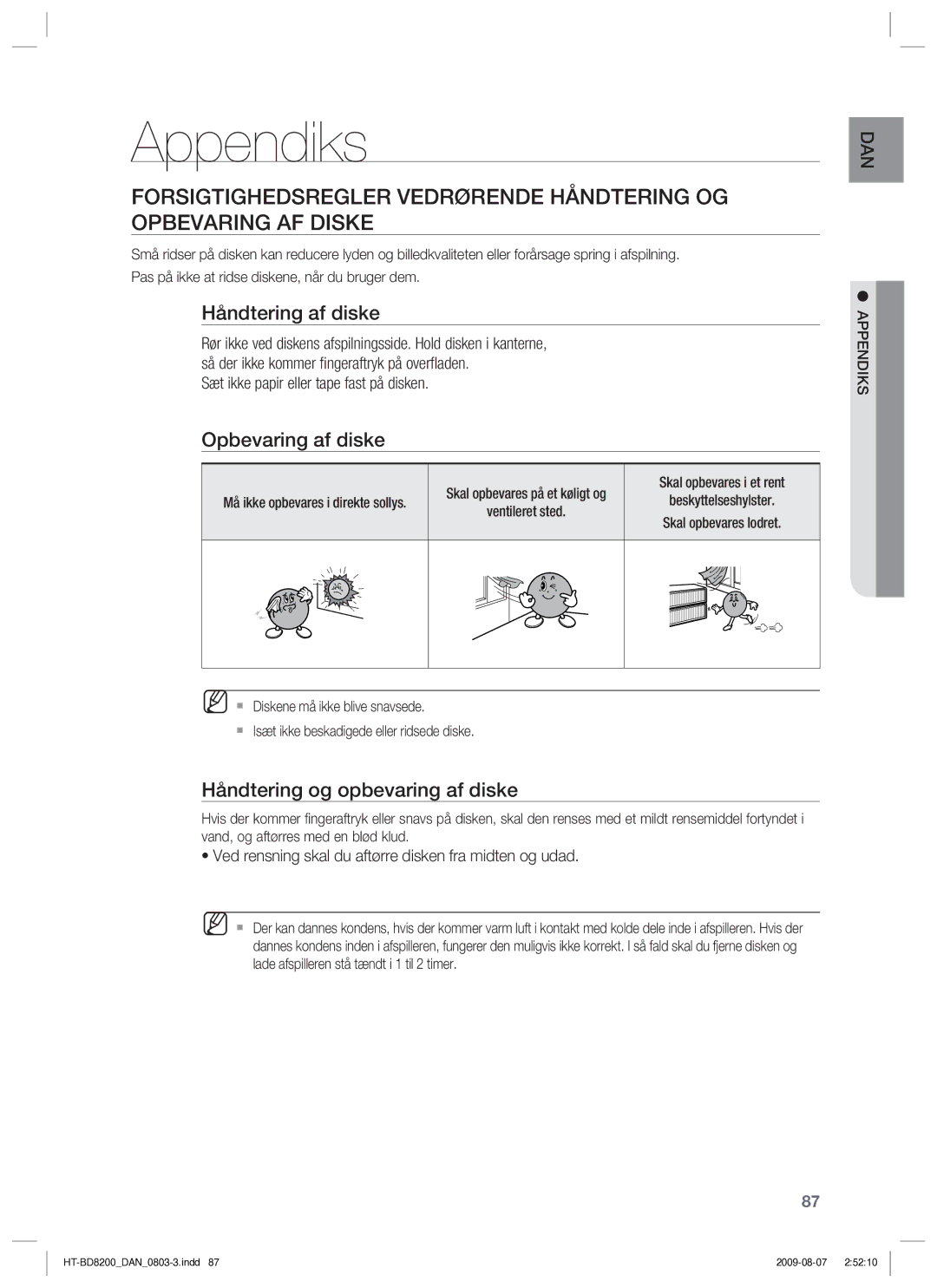 Samsung HT-BD8200T/XEE manual Appendiks, Håndtering af diske, Opbevaring af diske, Håndtering og opbevaring af diske 