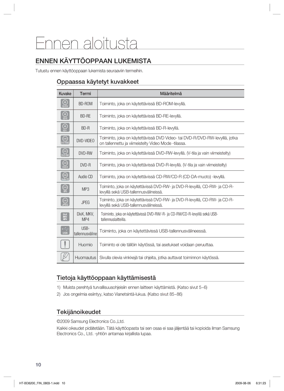 Samsung HT-BD8200T/XEE manual Ennen aloitusta, Ennen Käyttöoppaan Lukemista, Oppaassa käytetyt kuvakkeet, Tekijänoikeudet 